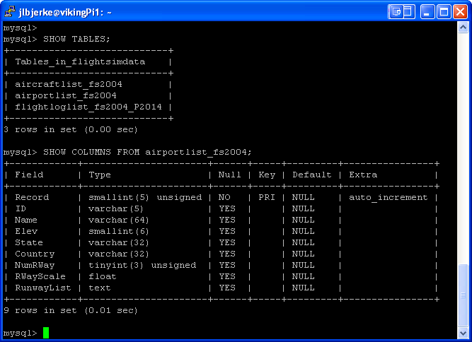 PuTTy Terminal Showing MySQL Info